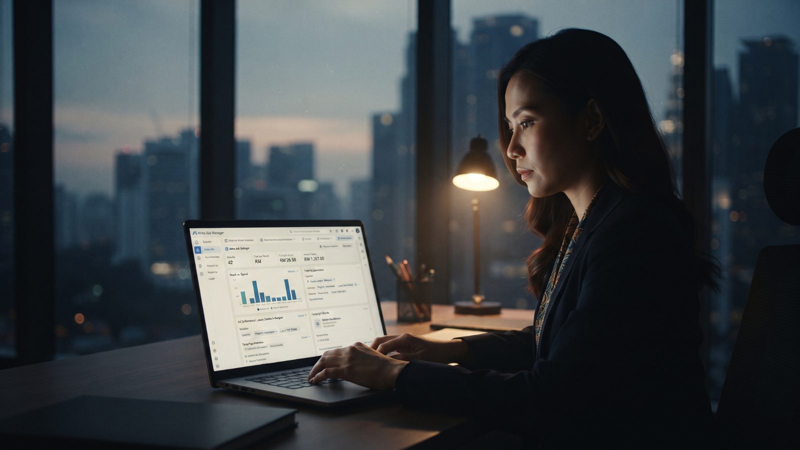Agent reviewing an ads dashboard at night