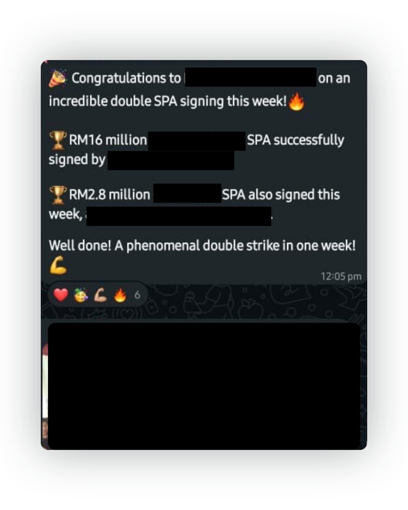 Done-deal announcement from the D2 & Co team chat, names and project details hidden