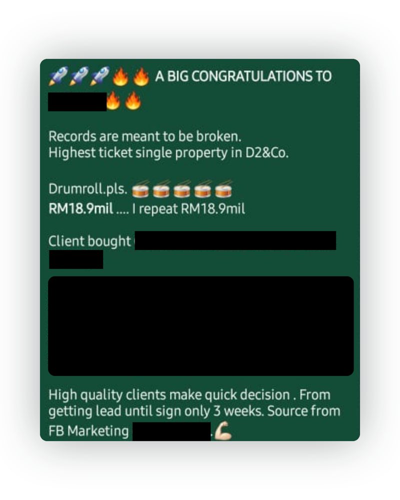 Done-deal announcement from the D2 & Co team chat, names and project details hidden