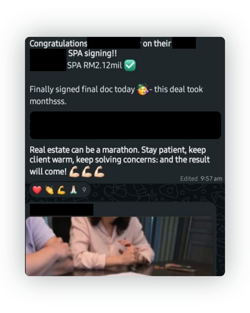 Done-deal announcement from the D2 & Co team chat, names and project details hidden