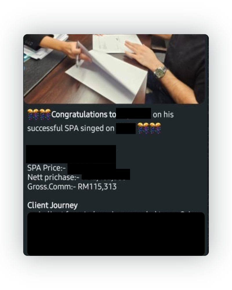 Done-deal announcement from the D2 & Co team chat, names and project details hidden