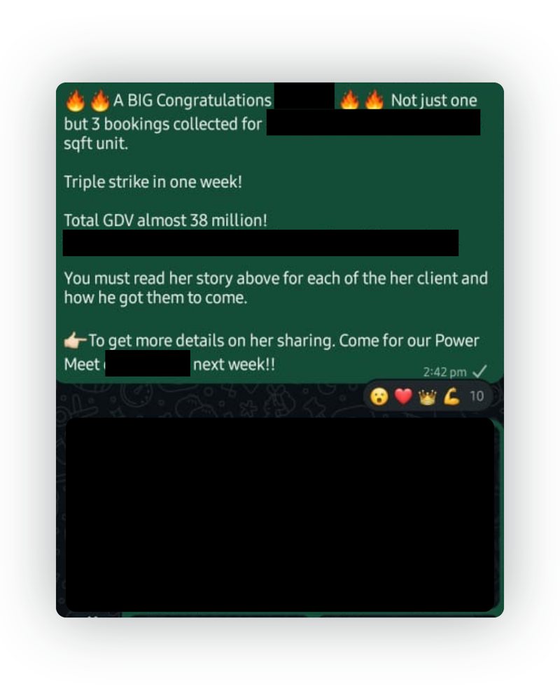Done-deal announcement from the D2 & Co team chat, names and project details hidden