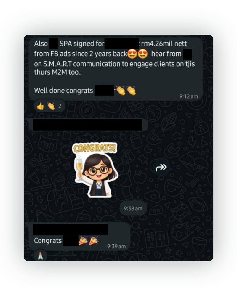 Done-deal announcement from the D2 & Co team chat, names and project details hidden