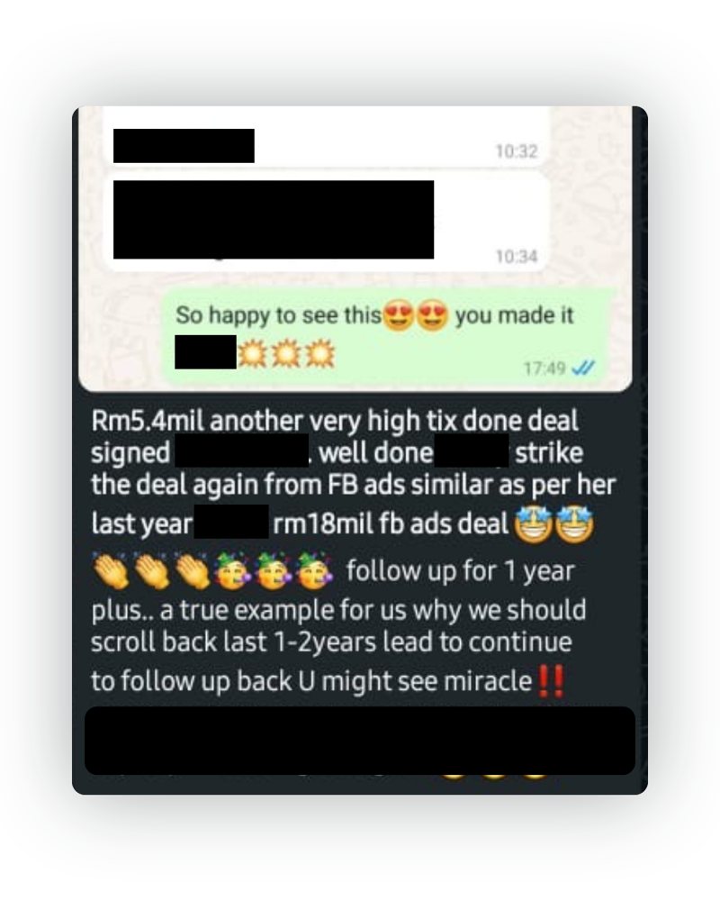 Done-deal announcement from the D2 & Co team chat, names and project details hidden
