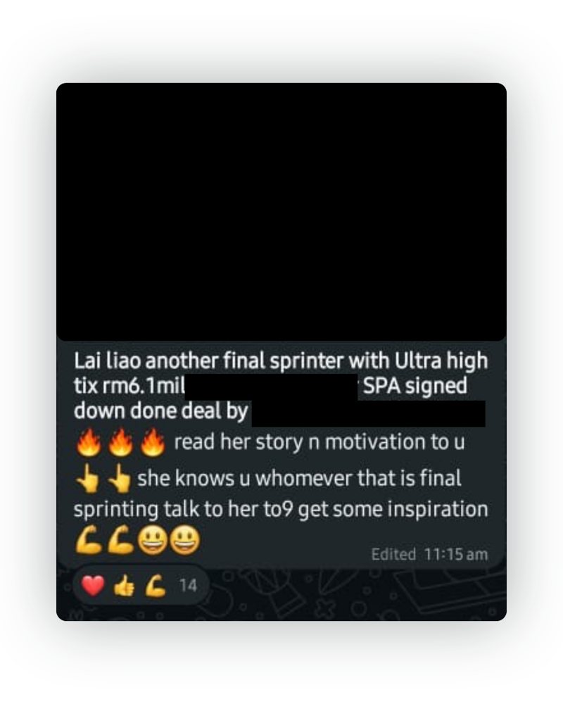 Done-deal announcement from the D2 & Co team chat, names and project details hidden