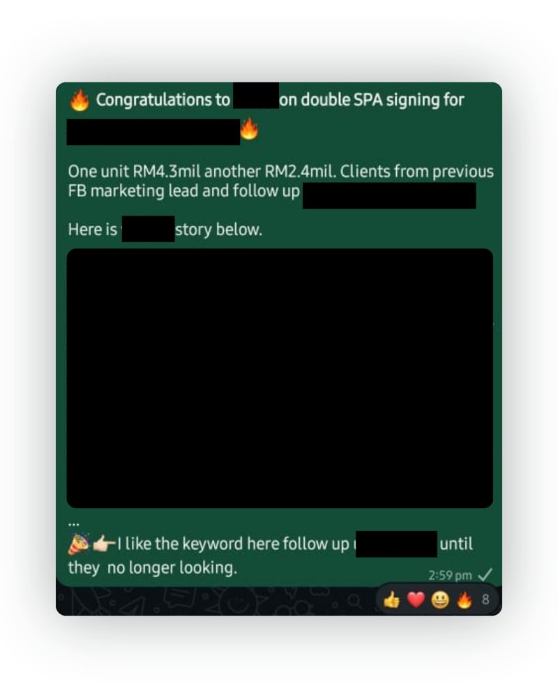 Done-deal announcement from the D2 & Co team chat, names and project details hidden