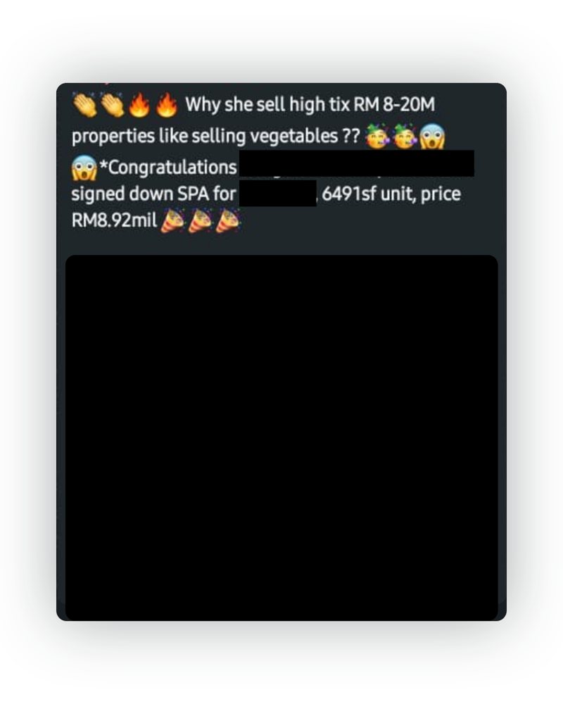 Done-deal announcement from the D2 & Co team chat, names and project details hidden