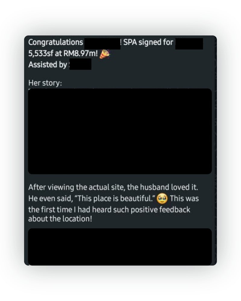 Done-deal announcement from the D2 & Co team chat, names and project details hidden