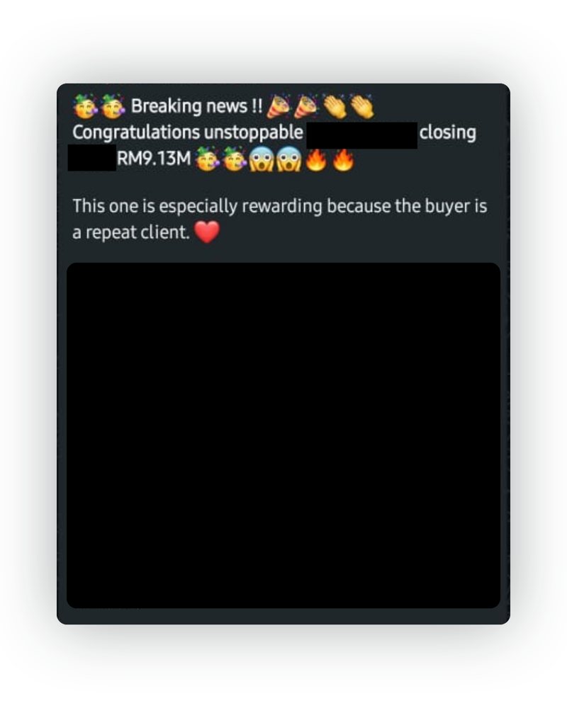 Done-deal announcement from the D2 & Co team chat, names and project details hidden