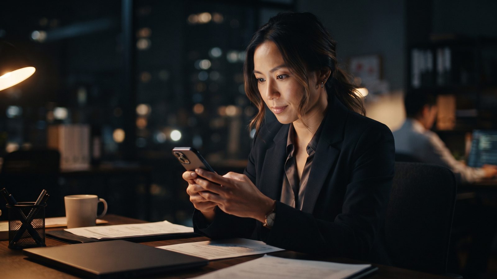 Agent checking her phone late at night in the office